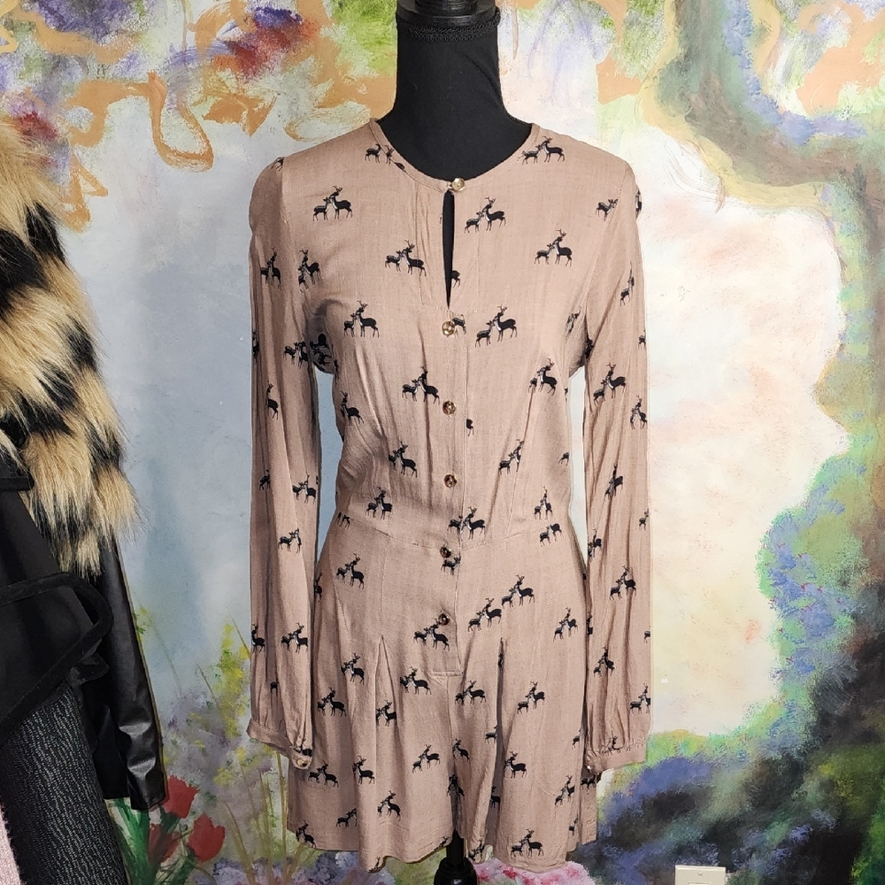 Stylish Beige Button Up Tan & Black Mama & Baby Deer Bambi Print Romper